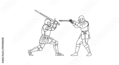 Medieval Knight with Sword Fights Musketeer with Gun