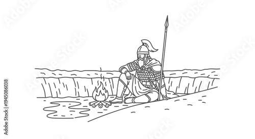 Medieval Warrior Resting by Campfire, Spear and Armor, Ancient Soldier Solitude
