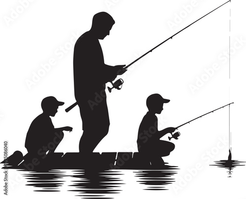 Black silhouette of three people fishing from a raft with rods