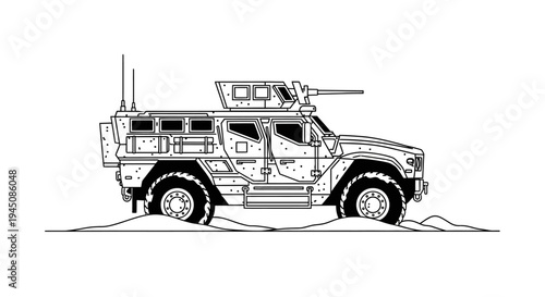 Military Armored Vehicle Line Art Illustration - Tactical Transport