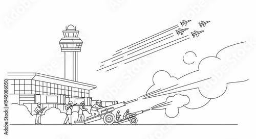 Military Air Show: Jets Fly Over Airport Control Tower with Cannon Salute