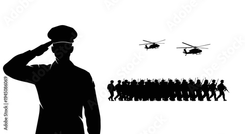 Military Parade: Soldier Saluting, Troops Marching, Helicopters Flying Overhead