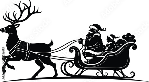 Santa Claus riding sleigh with reindeer silhouette vector illustration Christmas holiday night flight festive winter decoration design isolated classic icon