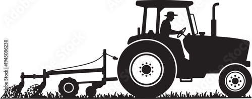 Black silhouette of tractor with farmer driving and plowing grass