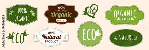 Organic labels and eco badges set. Horizontal flat vector illustration of natural product stickers for food packaging and healthy lifestyle marketing. Minimalist vintage branding elements.