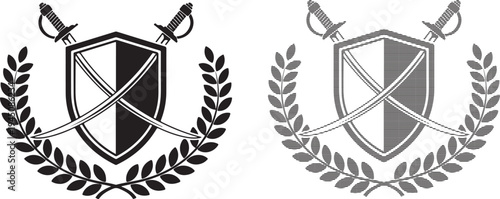 Heraldic emblem featuring crossed swords behind a shield surrounded by laurel wreaths