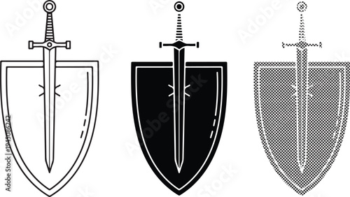 Collection of three medieval shield and sword emblems with different graphic styles on transparent backgrounds
