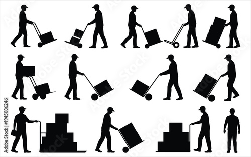Black silhouettes of workers carrying boxes and using hand trucks