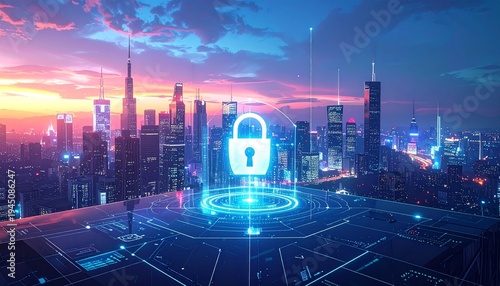 Digital security concept illuminated padlock over city skyline at sunset