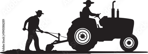 Black silhouette of two farmers working with tractor and plow