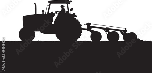 Black silhouette of tractor with plow and driver on white background