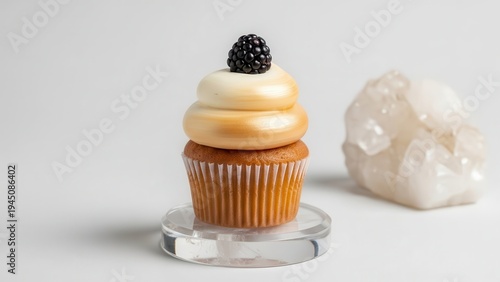 A single cupcake with white and orange frosting and a blackberry on top isolated on white background