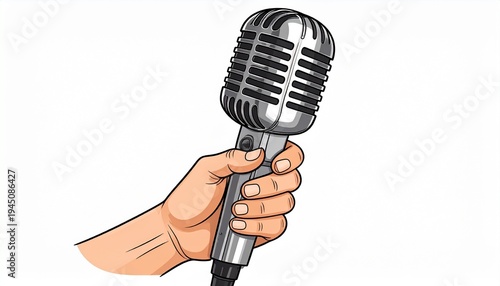 Hand holding vintage microphone isolated on white background audio recording concept