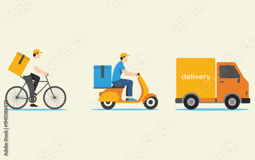 Three delivery workers with bicycle scooter and truck