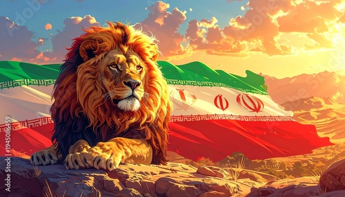 Majestic lion with iranian flag illustration against sunset sky