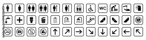 Vector illustration of public facility icons including restrooms accessibility baby changing and hygiene symbols