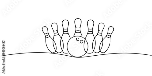 Continuous one line bowling ball hitting pins minimal line illustration