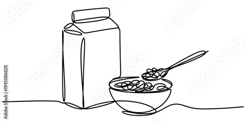 Continuous one line cereal bowl with milk carton minimal illustration