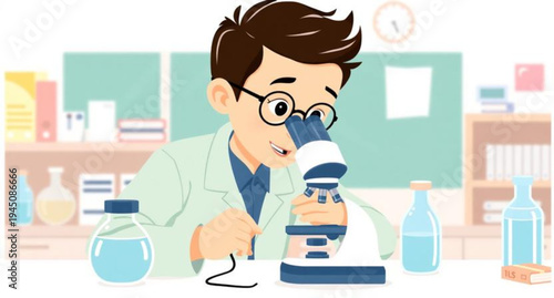 A male and female scientist work with test tubes and a microscope in a medical laboratory office while a student and doctor conduct healthcare research on a computer vector