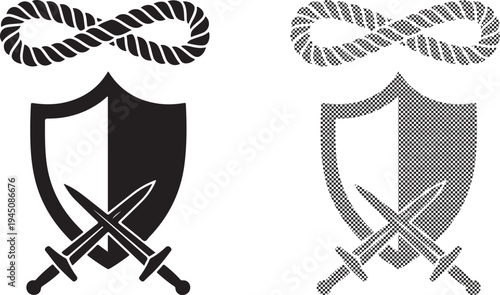 Two stylized shields with crossed swords and infinity rope symbols representing defense and eternity