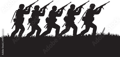 Black silhouettes of soldiers running with rifles through grass