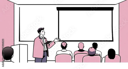 Cartoon vector illustration of a business man and woman standing in front of a blank office board like a professional comic couple