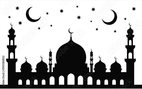 Black and white silhouette of mosque with crescent moons and stars