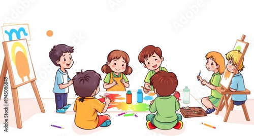 A smiling group of school kids and happy family members enjoy childhood fun while drawing with chalk, painting, and playing with toys in this colorful vector illustration