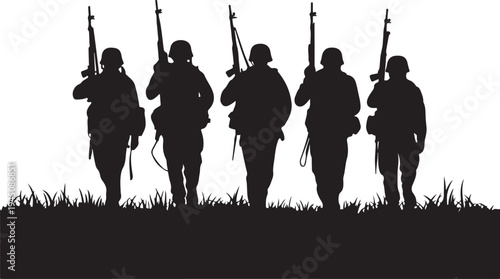Black silhouettes of soldiers walking with rifles on grass