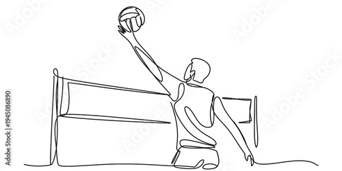 Continuous one line volleyball player spiking ball minimal sports illustration