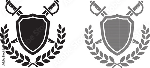 Vector illustration of a shield emblem with crossed sabers and laurel wreath on a transparent background
