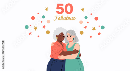50 Fabulous Two Women Diverse Friendship Celebration Flat Vector