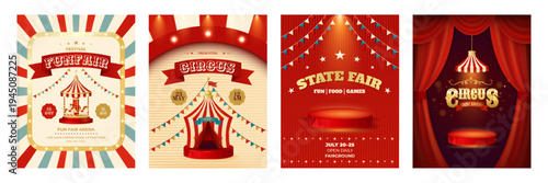 Colorful vintage poster set. Circus, state fair, fun fair. Design for events, festival, carnival, party, performance and more. Retro vector illustration