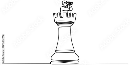 Continuous one line chess rook piece minimal strategy game illustration