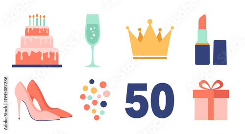 50 Fabulous Birthday Party Elements Collection Flat Vector