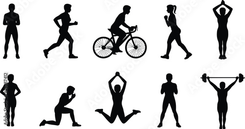 Black silhouette illustration of people including woman man girl and boy running jumping and doing exercise in active sport poses