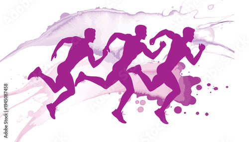 Three athletic men silhouettes running energetically over a dynamic purple watercolor splash on a white background