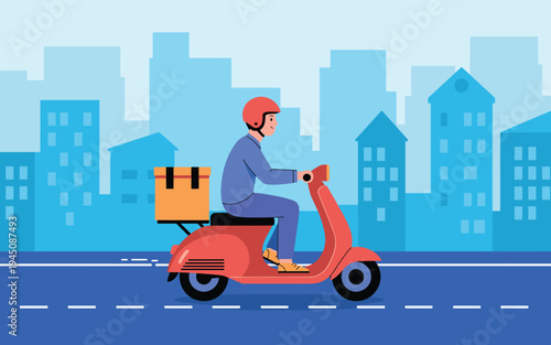 Person riding red scooter with delivery box in city