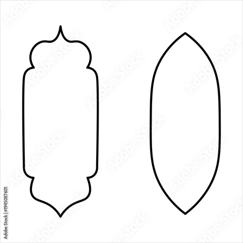 Two distinct decorative Islamic architectural window frame shapes, one ornate and the other a simple oval.