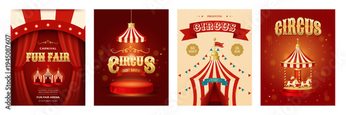 Colorful vintage poster set. Circus, fun fair banners. Design for events, festival, carnival, party, performance and more. Retro vector illustration