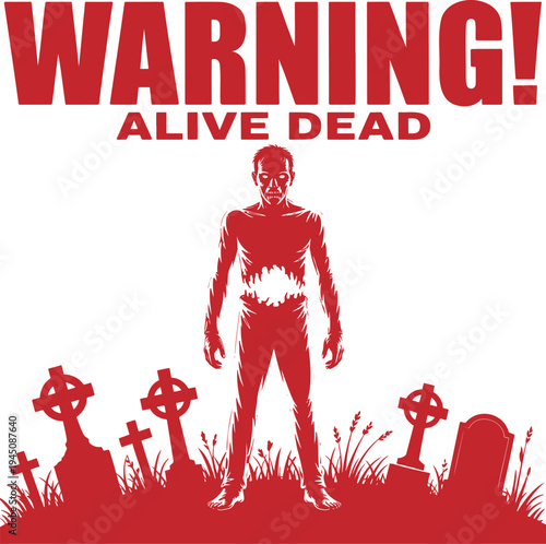 Urgent red warning message ALIVE DEAD above a scary zombie creature in a spooky graveyard