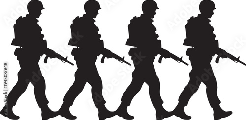 Four soldiers walking in a line with guns and helmets
