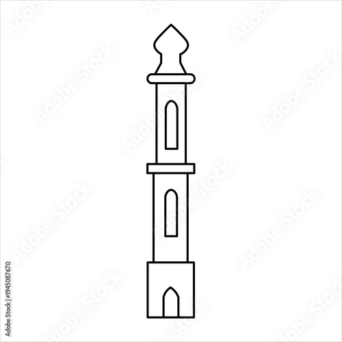 A simple black and white line drawing of a minaret, a tall, slender tower associated with mosques.