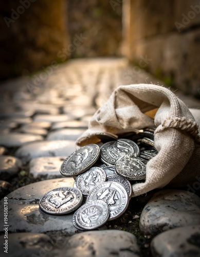 A beige cloth bag spills silver coins on a cobblestone street