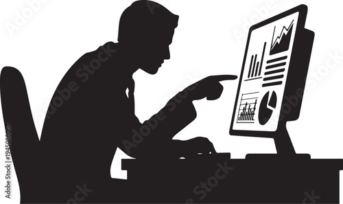 Man in silhouette pointing at computer screen with graphs