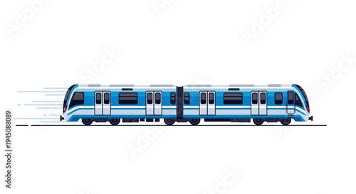 Modern Blue Subway Train in Motion on Tracks.