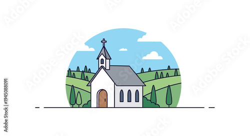 Small White Church Building with Cross on Steeple.