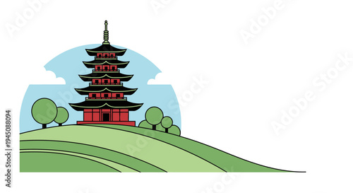 Traditional Japanese Pagoda Tower on a Green Hill Illustration.