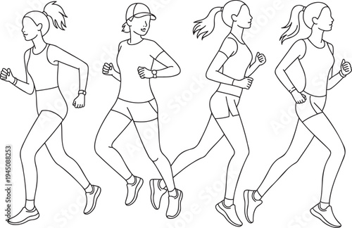 Four outline illustrations depicting various young women jogging and exercising in different active poses