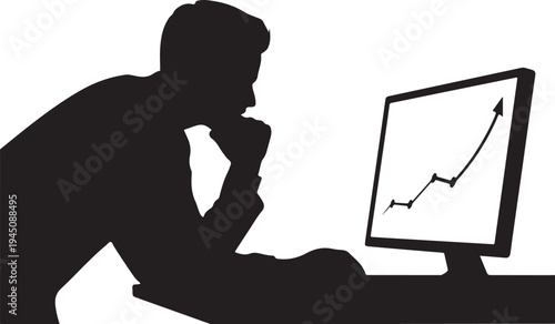 Man looking at computer screen with rising graph silhouette